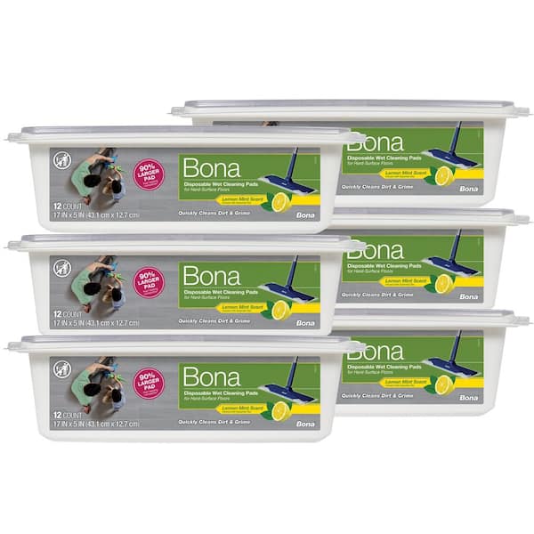 Bona Hard-surface Floor Wet Disposable Cleaning Pads, Lemon Mint Scent, 12 Count, 6-Pack AX0003663