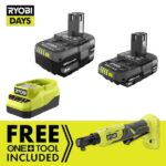 RYOBI ONE+ 18V Cordless 3/8 in. Ratchet Kit with (1) 18V 2.0 Ah Battery, (1) 18V 4.0 Ah Battery, and Charger P344K2SB
