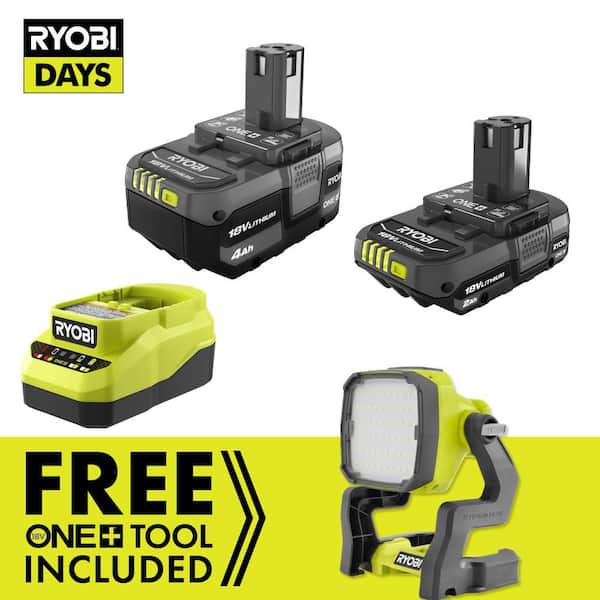 RYOBI ONE+ 18V Lithium-Ion 4.0 Ah Battery, 2.0 Ah Battery and Charger Kit with FREE ONE+ Cordless Hybrid LED Work Light PSK106SB-PCL633B